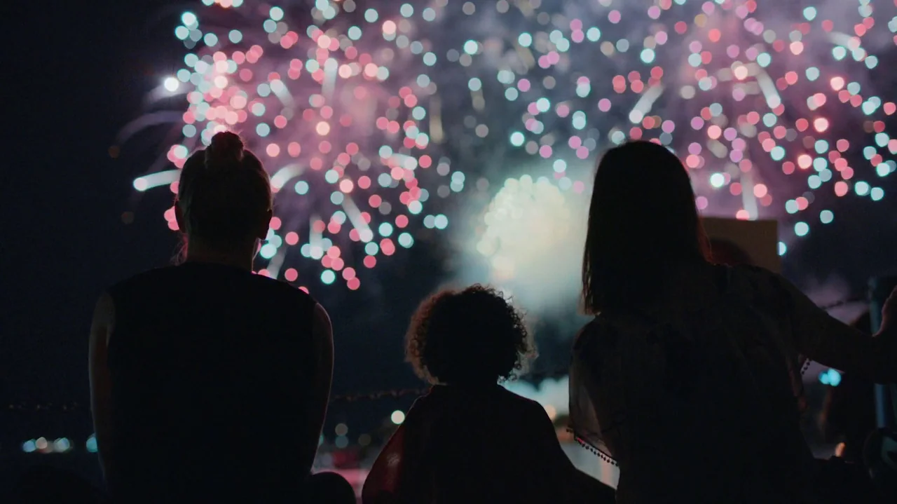 Saint Frances (2019) movie still: medium — Three people sit with their backs to the camera at night. They watch large, out-of-focus fireworks…