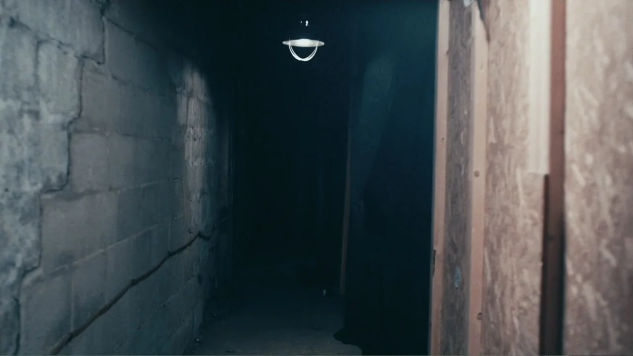 Terrifier 2 (2022) movie still: wide — A dimly lit narrow hallway features a grey concrete block wall and a wood-paneled wall. A single hanging lamp…