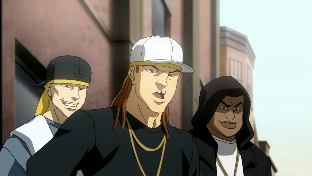 Superman/Shazam!: The Return of Black Adam (2010) movie still: medium — A sunny city street with brick architecture serves as the backdrop for the…