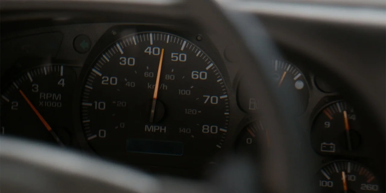 The Pickup (2025) movie still: closeup — A close-up view shows a vehicle instrument cluster with glowing amber needles and gauges. The speedometer…