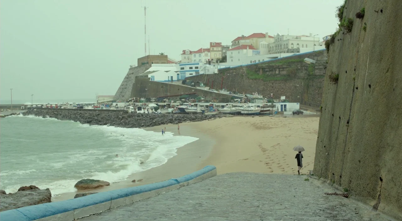 Cosmos (2015) movie still: wide — A coastal town with white buildings sits atop a stone seawall overlooking the beach. A single person holding an…