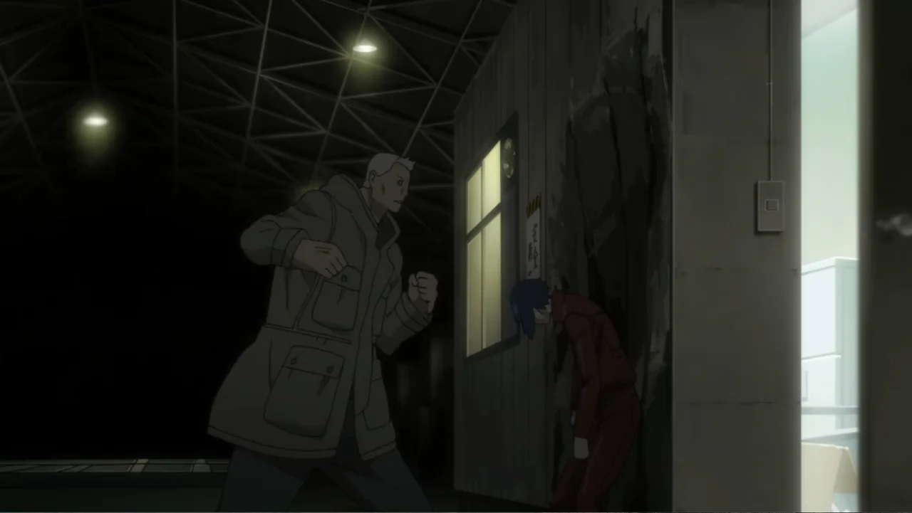 Ghost in the Shell: Arise - Border 1: Ghost Pain (2013) movie still: fullbody — A dark industrial interior with a corrugated metal ceiling and…