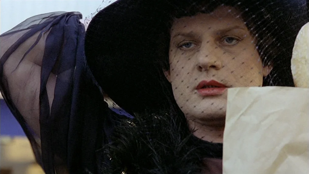 In A Year Of Thirteen Moons (1978) movie still: closeup — An outdoor setting features a person wearing a formal wide-brimmed hat with netting. The…