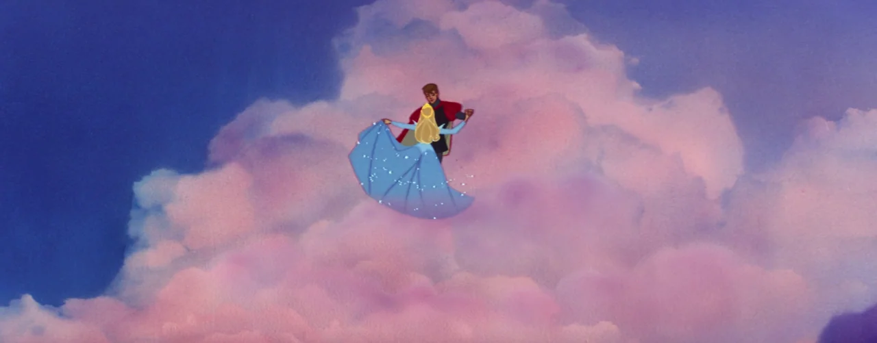 Sleeping Beauty (1959) movie still: wide — A pair of figures dance together while hovering in the open sky. Large, painterly pink and purple cumulus…