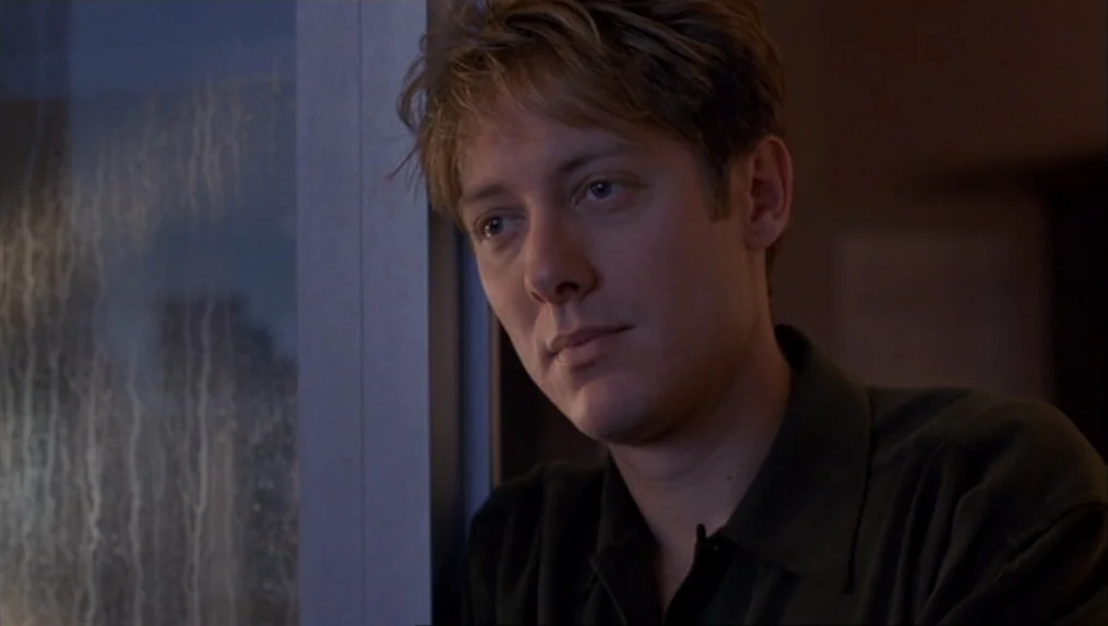 Crash (1996) movie still: closeup — An interior space is dimly lit at night near a windowpane. A man stands beside the glass looking past the camera.