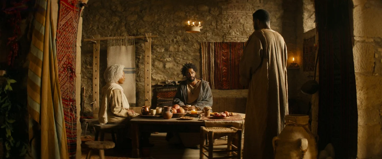 The Book of Clarence (2023) movie still: wide — A stone-walled room features woven tapestries, a hand-loomed textile, and rustic wooden furniture.…