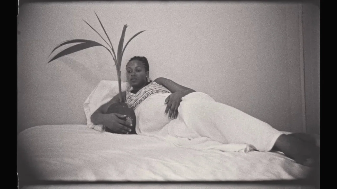 Black Mother (2018) movie still: medium — A pregnant woman in white clothing lies on a bed against a plain wall. She holds a small potted palm plant…