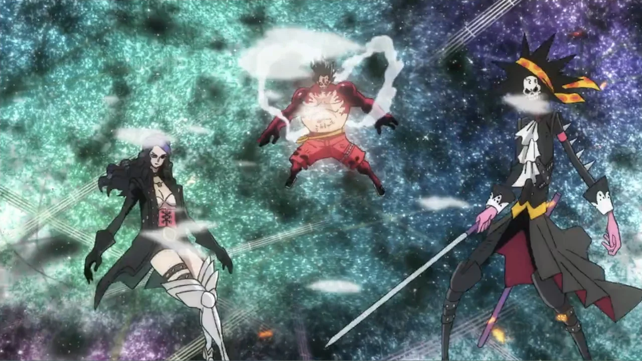 One Piece Film Red (2022) movie still: fullbody — A vibrant, abstract cosmic space filled with swirling teal and purple light patterns. Three…