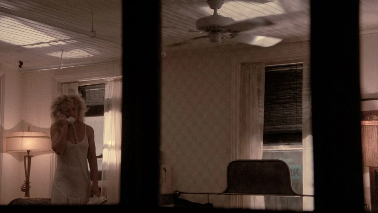 Fatal Attraction (1987) movie still: medium — A room with white beadboard ceilings and floral wallpaper featuring windows covered by curtains. A…