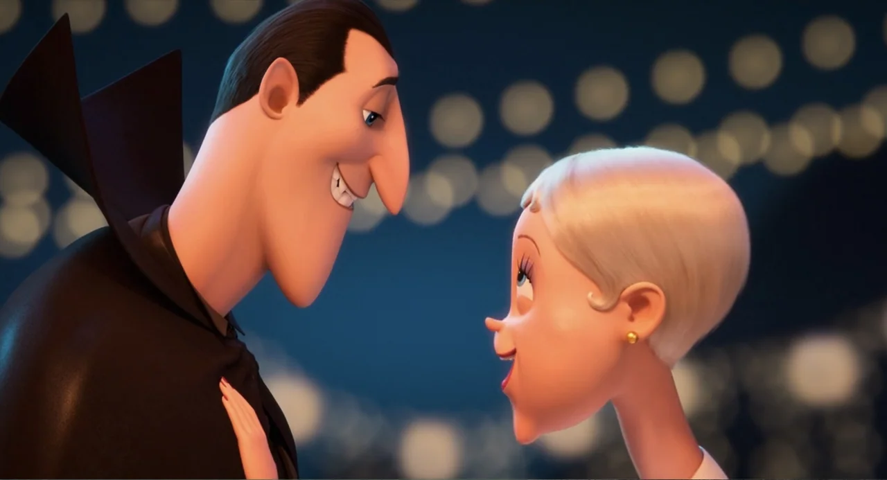 Hotel Transylvania: Transformania (2022) movie still: medium — An outdoor evening setting features two stylized animated characters facing each…