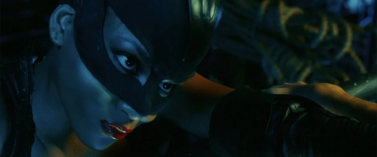 Catwoman (2004) movie still: closeup — A dark industrial setting with visible heavy-duty ropes and metallic textures in the background. A woman…