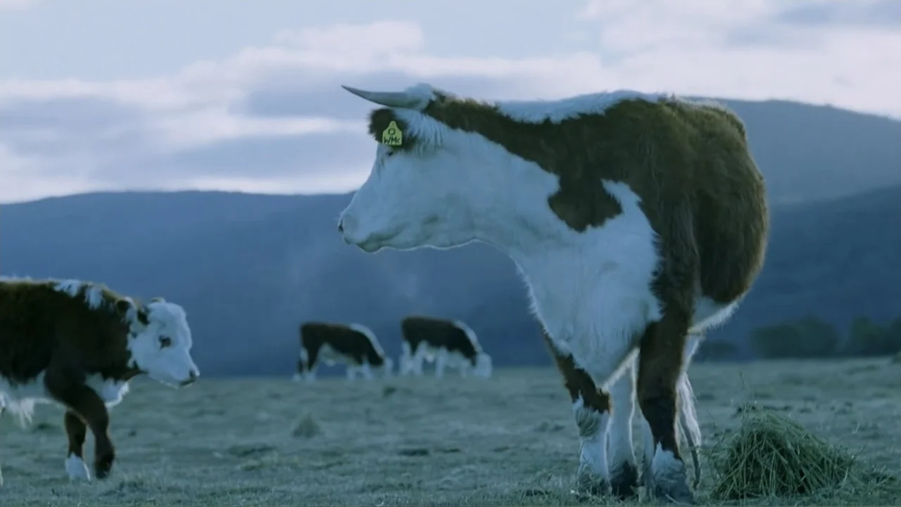 Emily (1976) movie still: medium — A rural pasture sits before rolling mountains under a pale, overcast morning sky. A single white and brown cow…