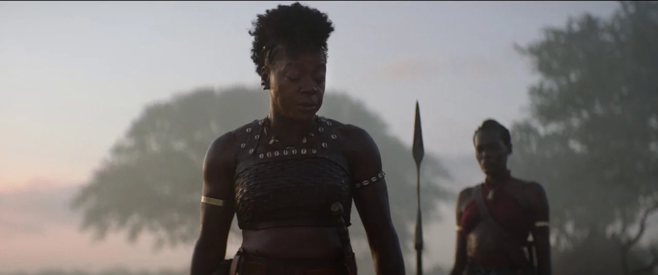 The Woman King (2022) movie still: medium — Two women stand in an open outdoor expanse during the soft twilight. A large acacia tree stands in the…