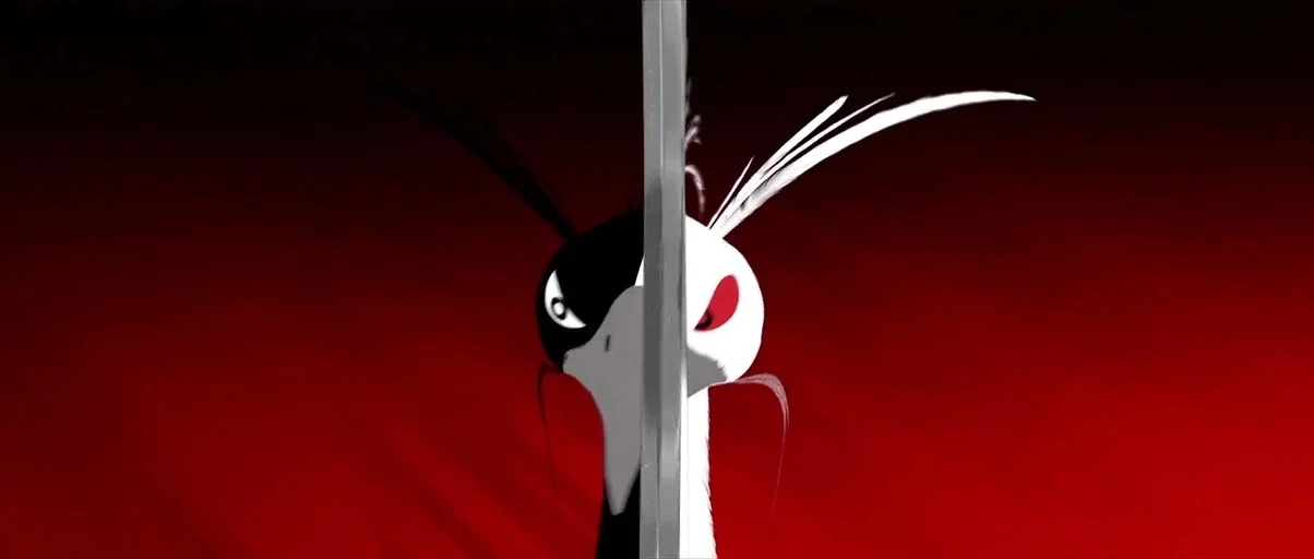 Kung Fu Panda 2 (2011) movie still: closeup — A split-faced peacock peeks directly at the viewer from behind a sharp metal blade. The backdrop is an…