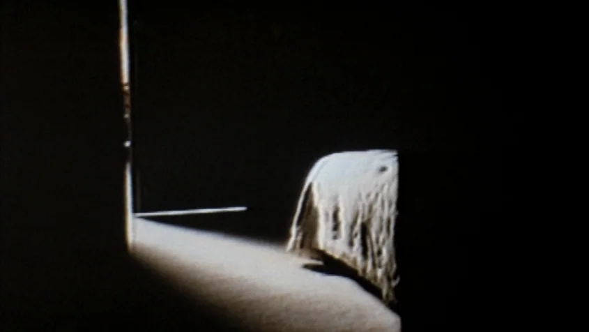 Benny’s Video (1992) movie still: wide — A darkened interior space features a draped piece of furniture illuminated by window light. A sharp…