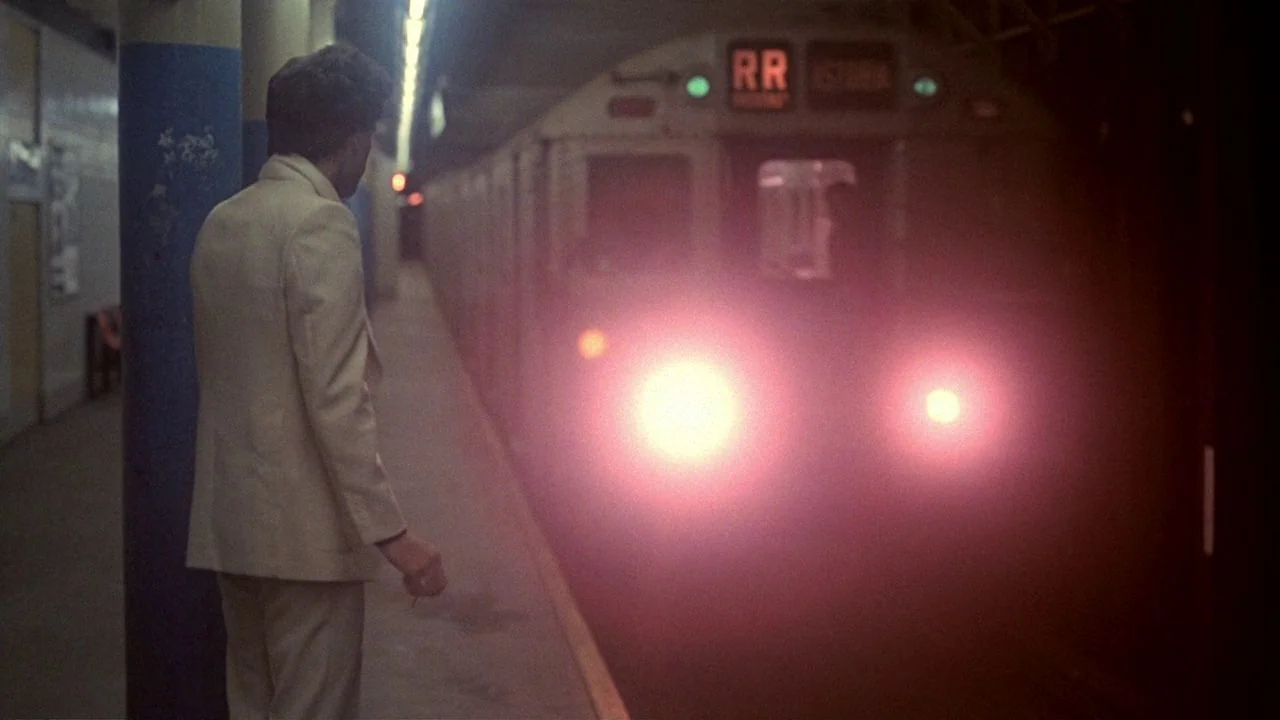 Saturday Night Fever (1977) movie still: medium — A dimly lit subway station platform has blue painted structural pillars and concrete flooring. A…