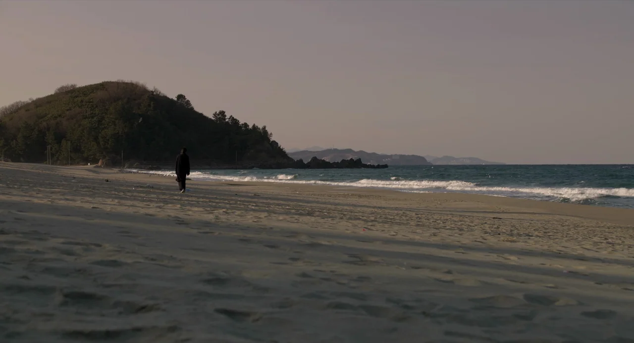 On The Beach At Night Alone (2017) movie still: wide — A wide, empty sandy beach stretches towards a forested hill under a pale sky. A lone person…