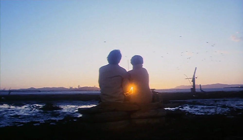 Harold and Maude (1971) movie still: wide — A vast tidal flat at sunset with mountains visible in the distant background. Two figures sit closely…