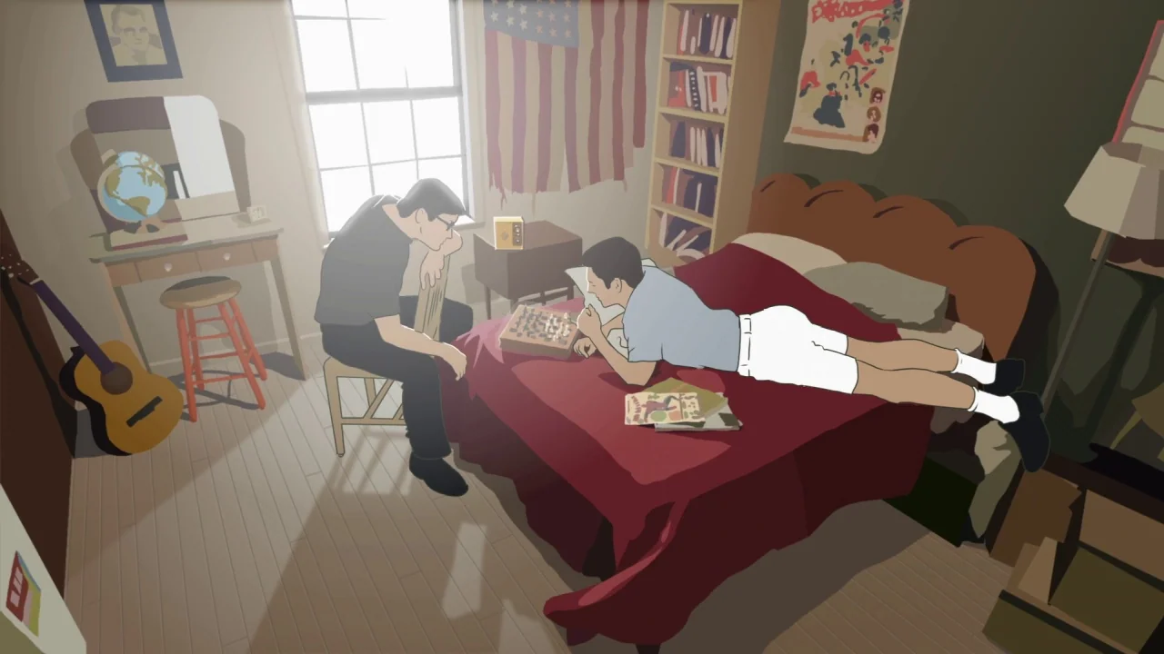 Tower (2016) movie still: wide — A 1960s bedroom features an American flag on the wall and a wooden desk. Two men in casual clothing are focused on…