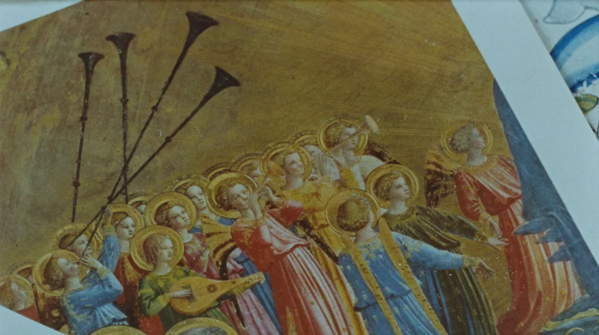 Purple Noon (Plein Soleil) (1960) movie still: wide — A close-up of a medieval fresco depicting a group of winged angels. The angels wear colorful…