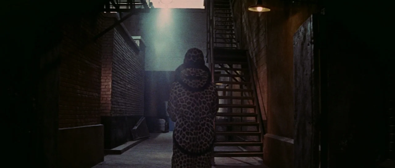 Funny Girl (1968) movie still: fullbody — A narrow dark outdoor space features brick walls and a metal fire escape staircase. A person wearing a…