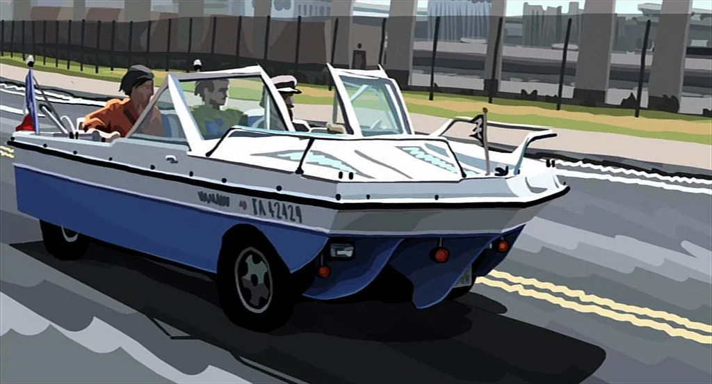 Waking Life (2001) movie still: wide — An amphibious boat car drives along a paved road near a concrete barrier. Three men sit inside the vessel…