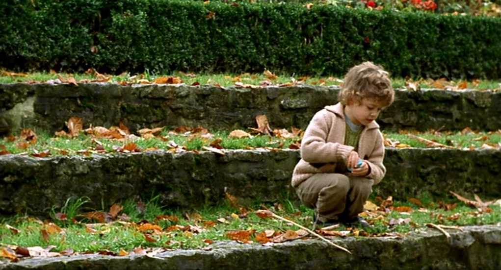 Tiresia (2003) movie still: medium — Stone steps are covered in fallen autumn leaves in a grassy park setting. A young child in a knit sweater…