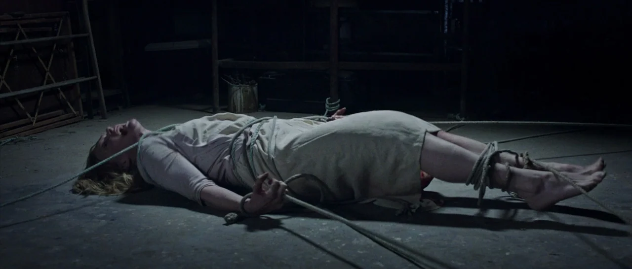 The Babadook (2014) movie still: fullbody — A dark, unfinished basement with a concrete floor and wooden support structures. A woman lies on the…