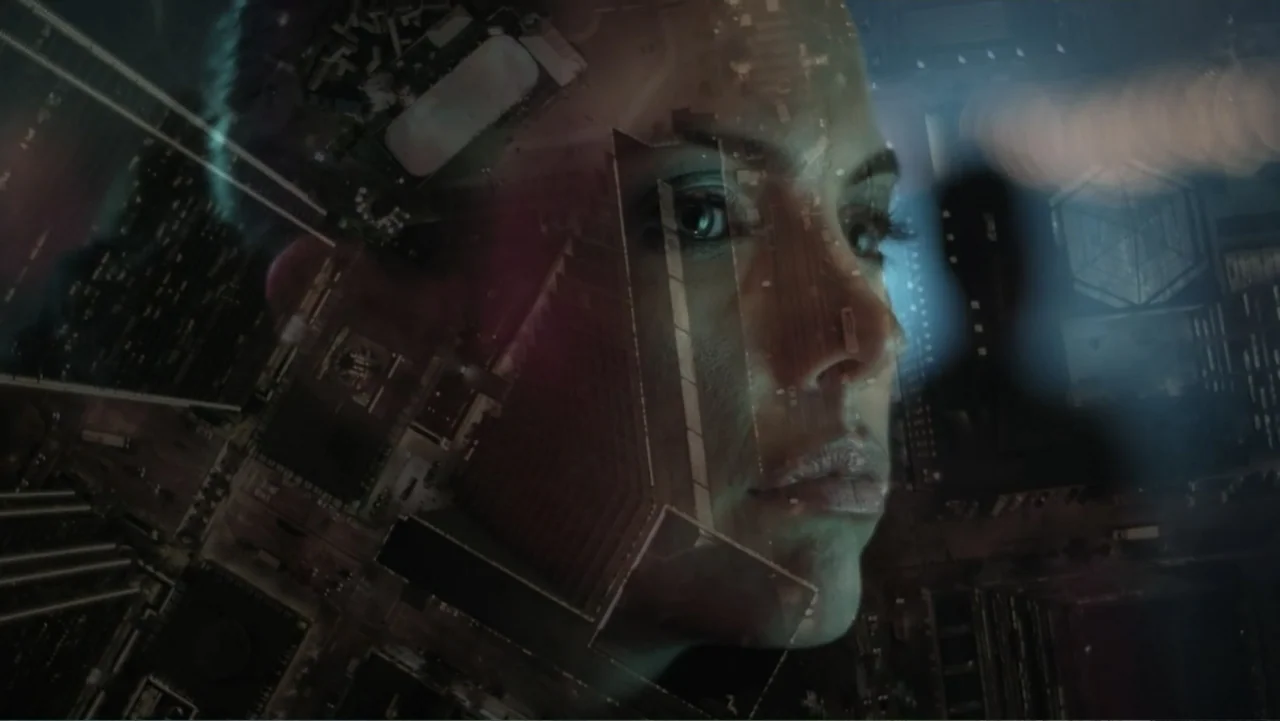 Entre las sombras (2025) movie still: closeup — A double exposure overlays a woman's face with a dark city at night. The urban structures blur into…