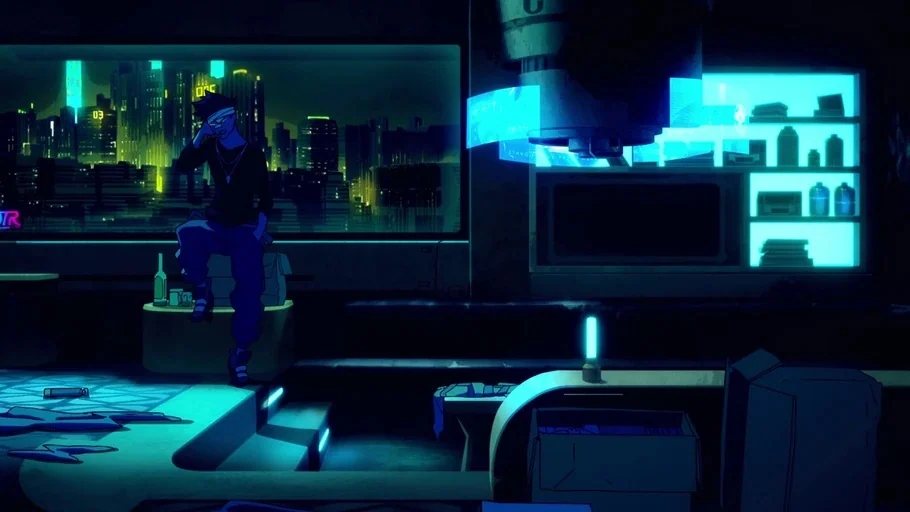 Cyberpunk: Edgerunners (2022) movie still: wide — A dark apartment overlooks a glowing neon cityscape through a large panoramic window. A person…