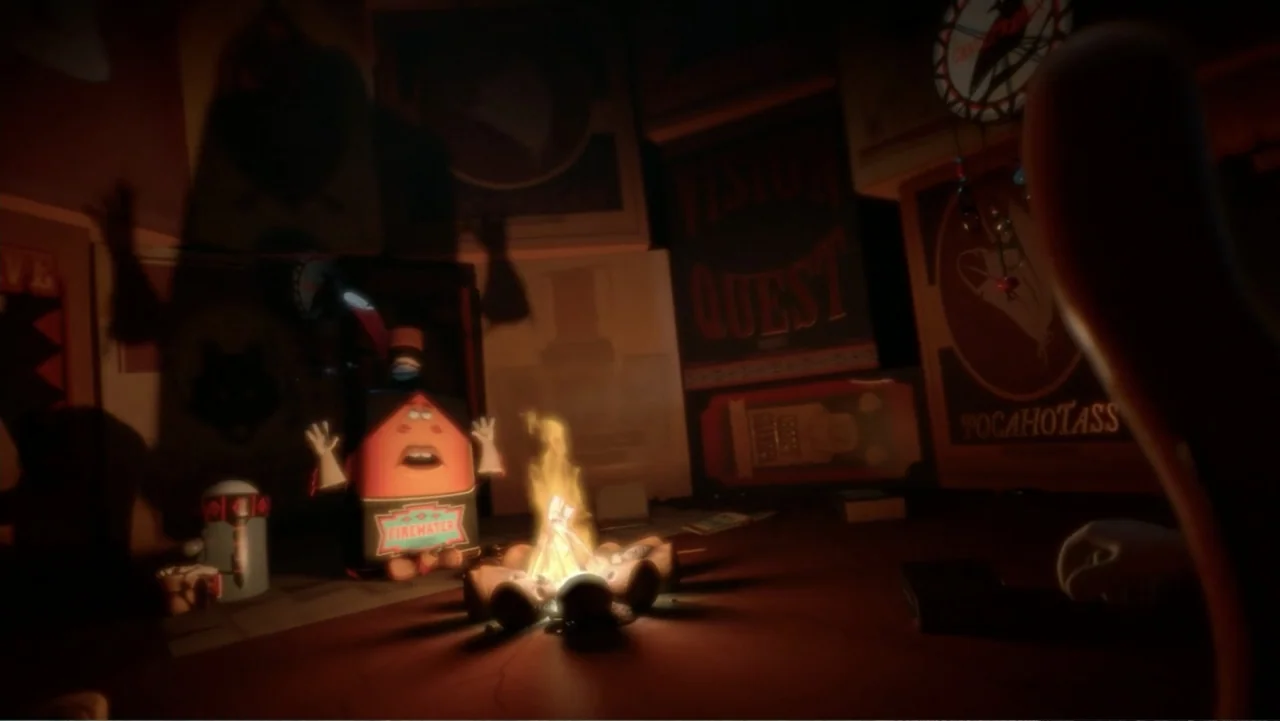 Sausage Party (2016) movie still: medium — A dimly lit room is decorated with various posters on the wall. A small fire burns on the floor with a…