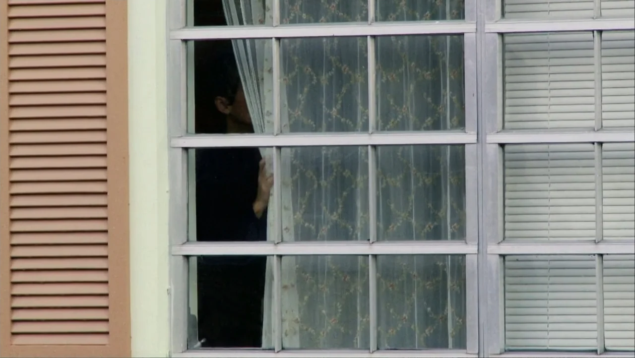 12th & Delaware (2010) movie still: medium — A residential window frame features white mullions and horizontal blinds with sheer patterned curtains.…