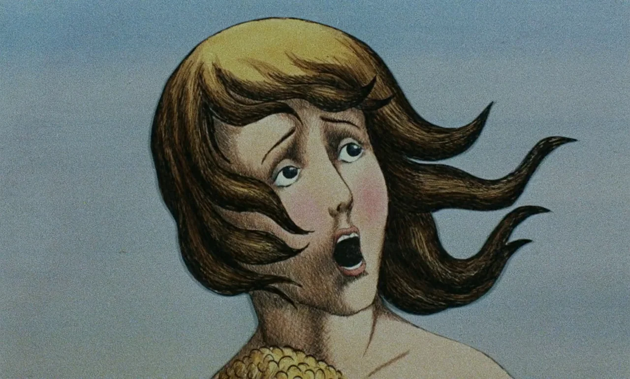 Fantastic Planet (1973) movie still: closeup — A flat illustrated character is set against a simple blue background. The female character looks…
