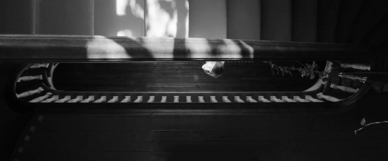 Weirdos (2016) movie still: establishing — A vertical view down an old staircase with dark wooden planks and a balustrade. Sunlight streaks through…