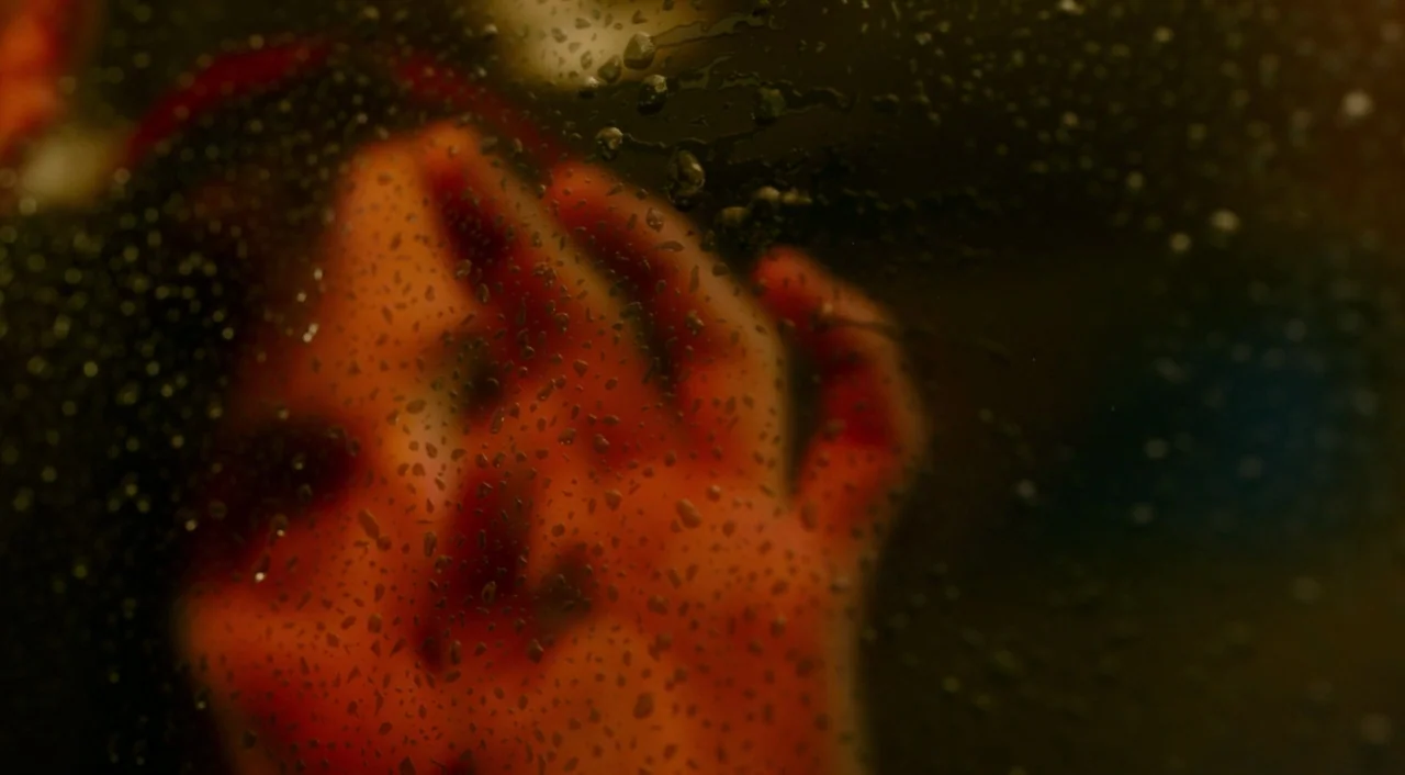 The Shape of Water (2017) movie still: closeup — A dark surface covered in small water droplets obscures a face behind it. A person's hand presses…