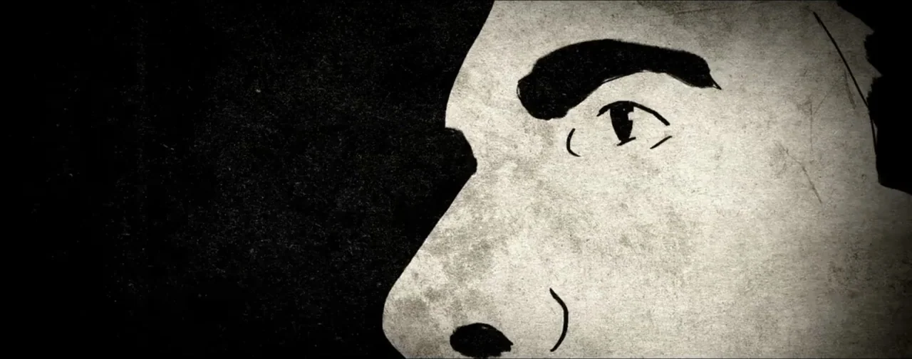 Hunting for Hedonia (2019) movie still: closeup — An abstract, high-contrast, black and white hand-drawn illustration with textured paper background…