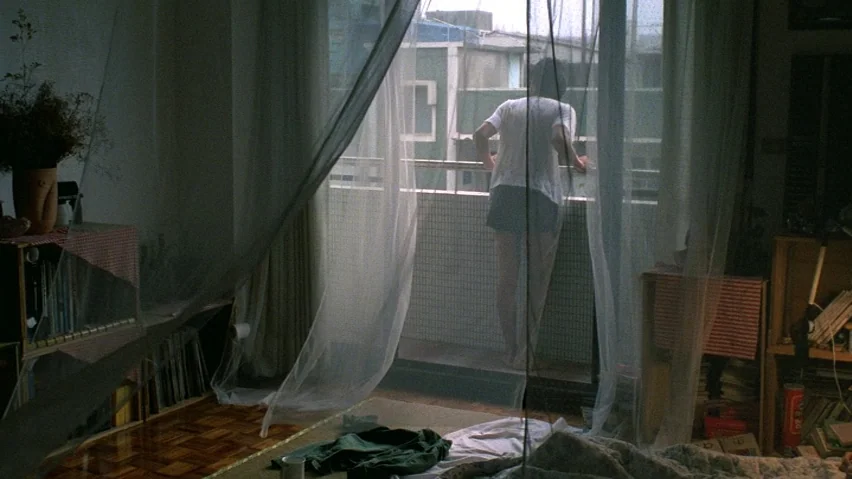 The Terrorizers (1986) movie still: medium — An interior space with parquet flooring and sheer curtains separating the room from outside. A person…
