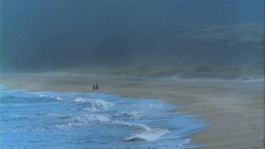 The Scarlet Letter (1973) movie still: wide — A vast, misty coastal shoreline features rolling surf meeting sand under a heavy sky. Two small…