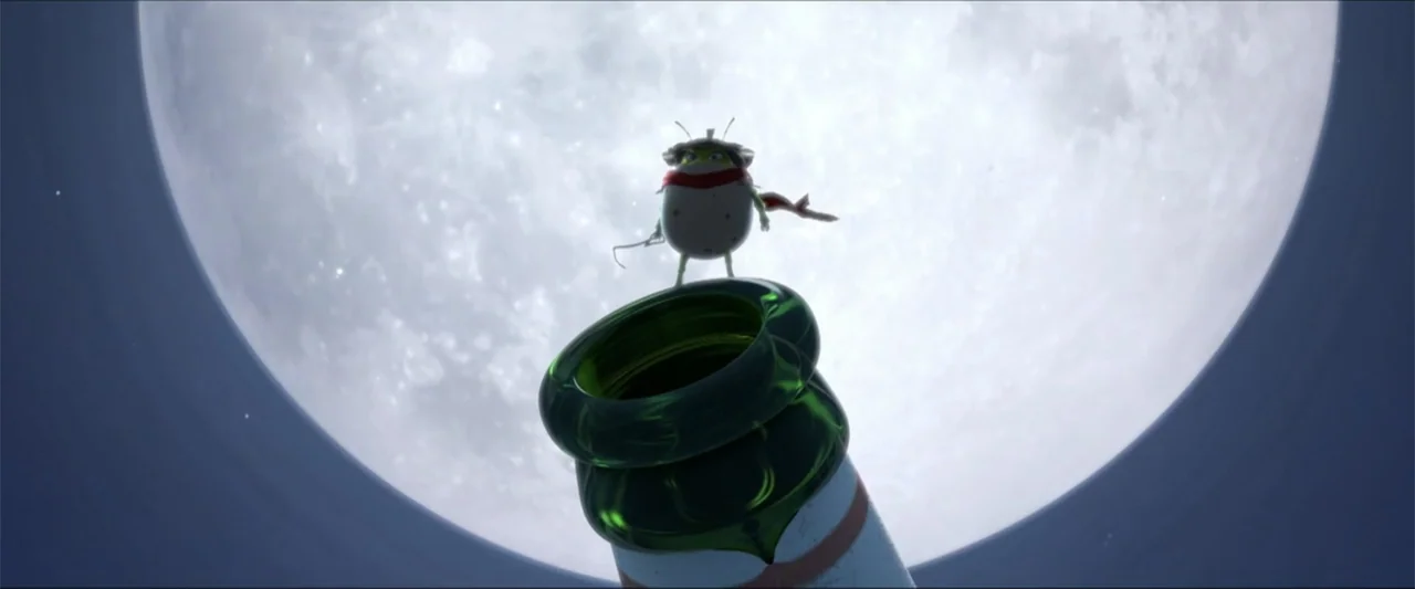 Boonie Bears: The Big Shrink (2018) movie still: wide — A small round creature stands atop the neck of a glass bottle at night. A massive full moon…
