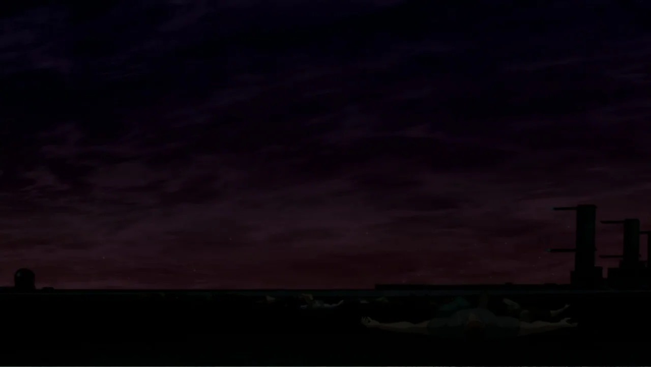 Reign of the Supermen (2019) movie still: wide — A dark rooftop surface sits beneath a purple night sky with silhouettes of structures. Several…