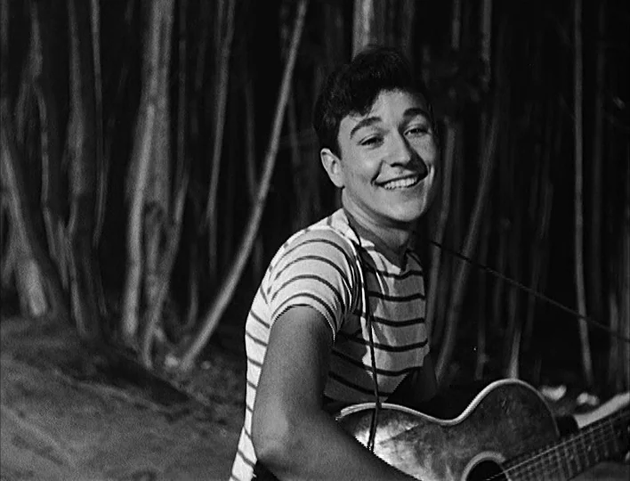 Nights of Cabiria (1957) movie still: medium — A man plays a guitar in a dark wooded area at night. Vertical tree trunks are visible in the blurry…