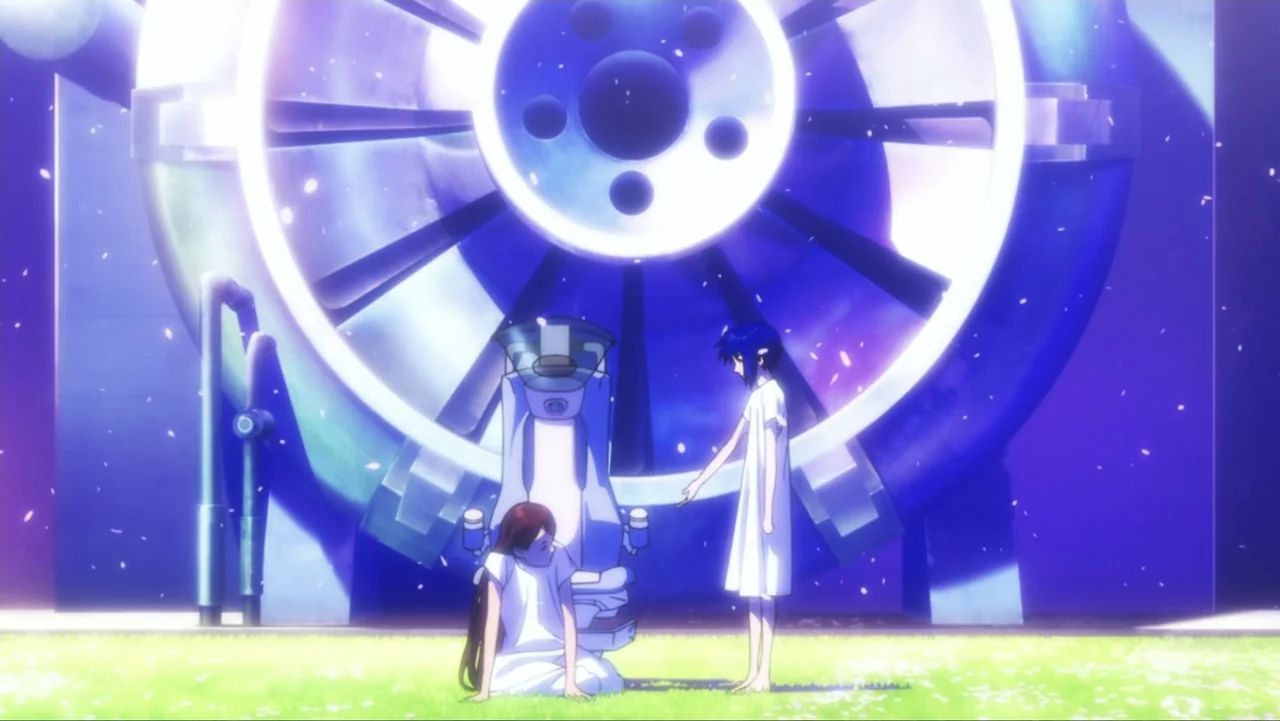 Ghost in the Shell: The New Movie (2015) movie still: fullbody — A bright grassy field contains a massive circular machine structure in the back.…
