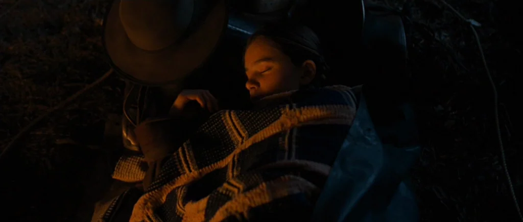 True Grit (2010) movie still: closeup — A person sleeps outdoors at night wrapped in a thick, textured blanket. The individual rests their head on a…