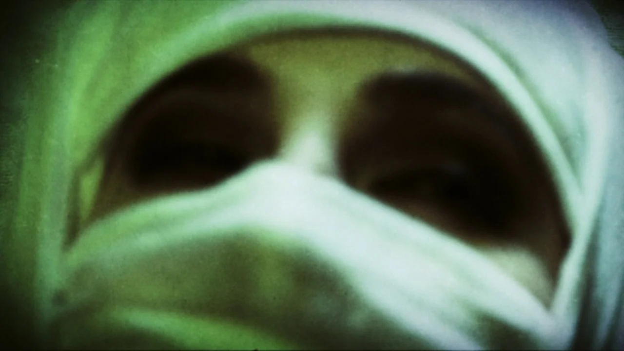 The Forbidden Room (2015) movie still: closeup — A close-up view of a person wearing a white veil over their head. The person stares forward through…