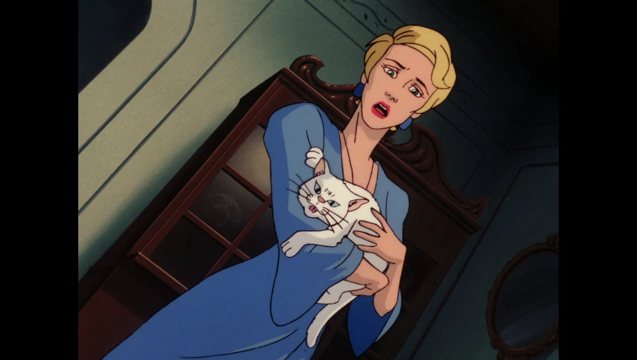 Scooby-Doo on Zombie Island (1998) movie still: medium — A woman in a blue robe holds a white cat inside a dim room. The background features a tall…