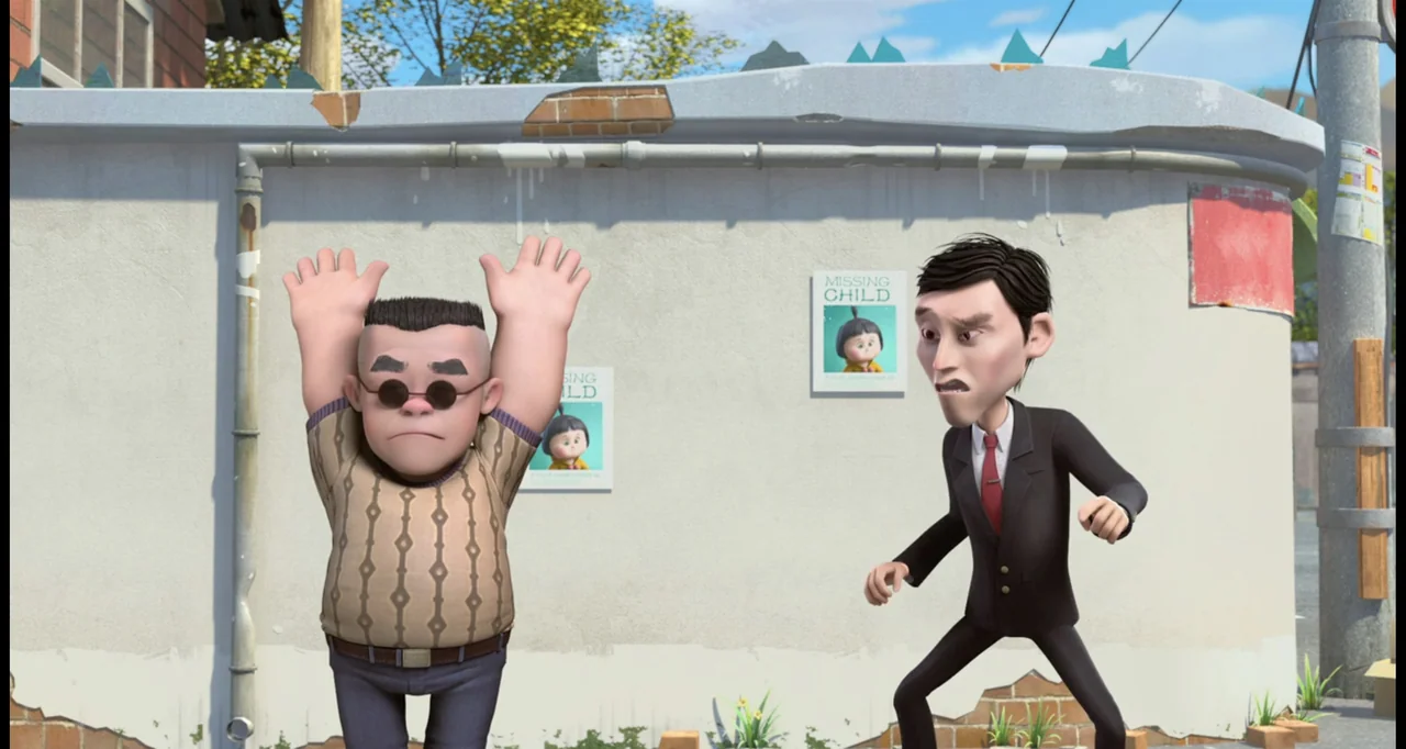 Boonie Bears: To the Rescue (2014) movie still: medium — A light-colored exterior wall features two missing child posters above a concrete curb. A…