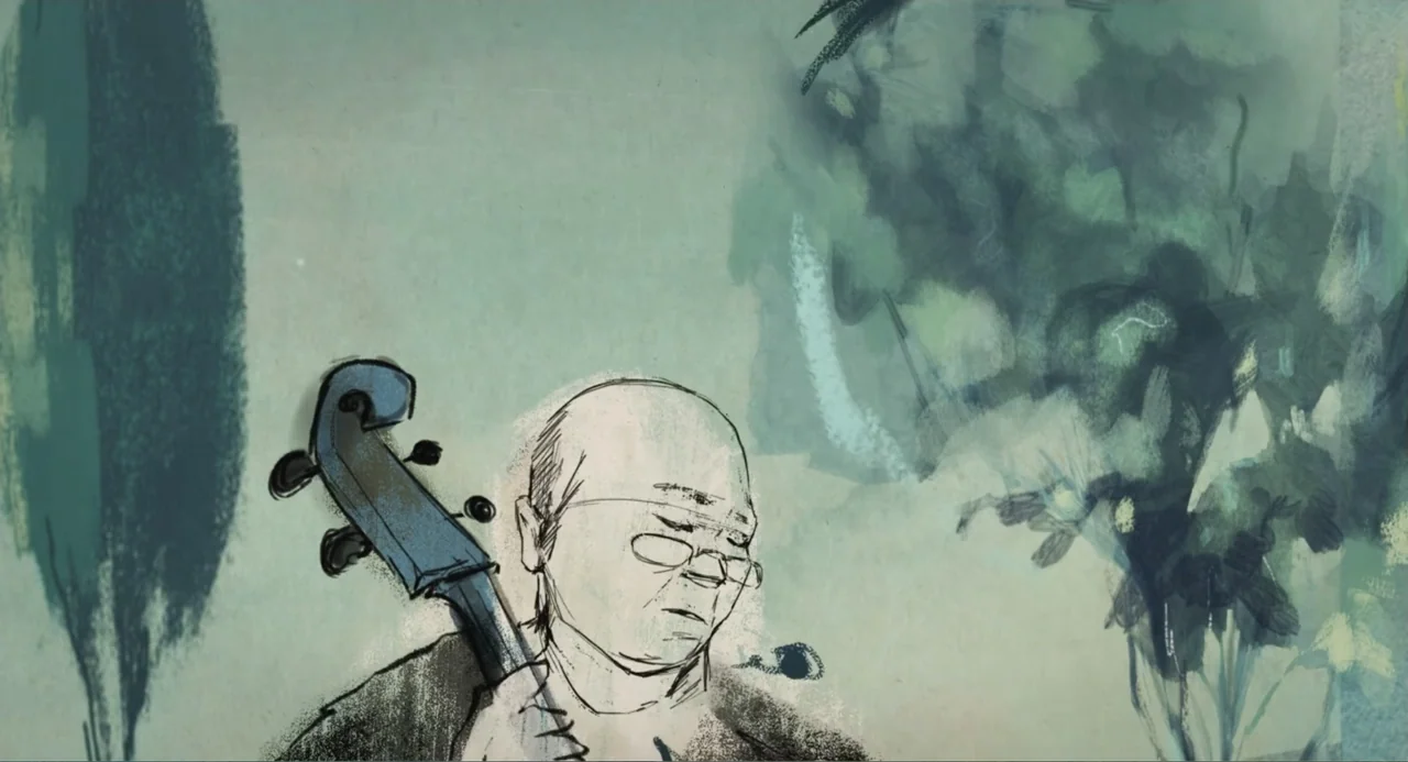 Los días azules (2025) movie still: medium — A watercolor-style painting depicts a musician outdoors against a textured green backdrop. An older man…