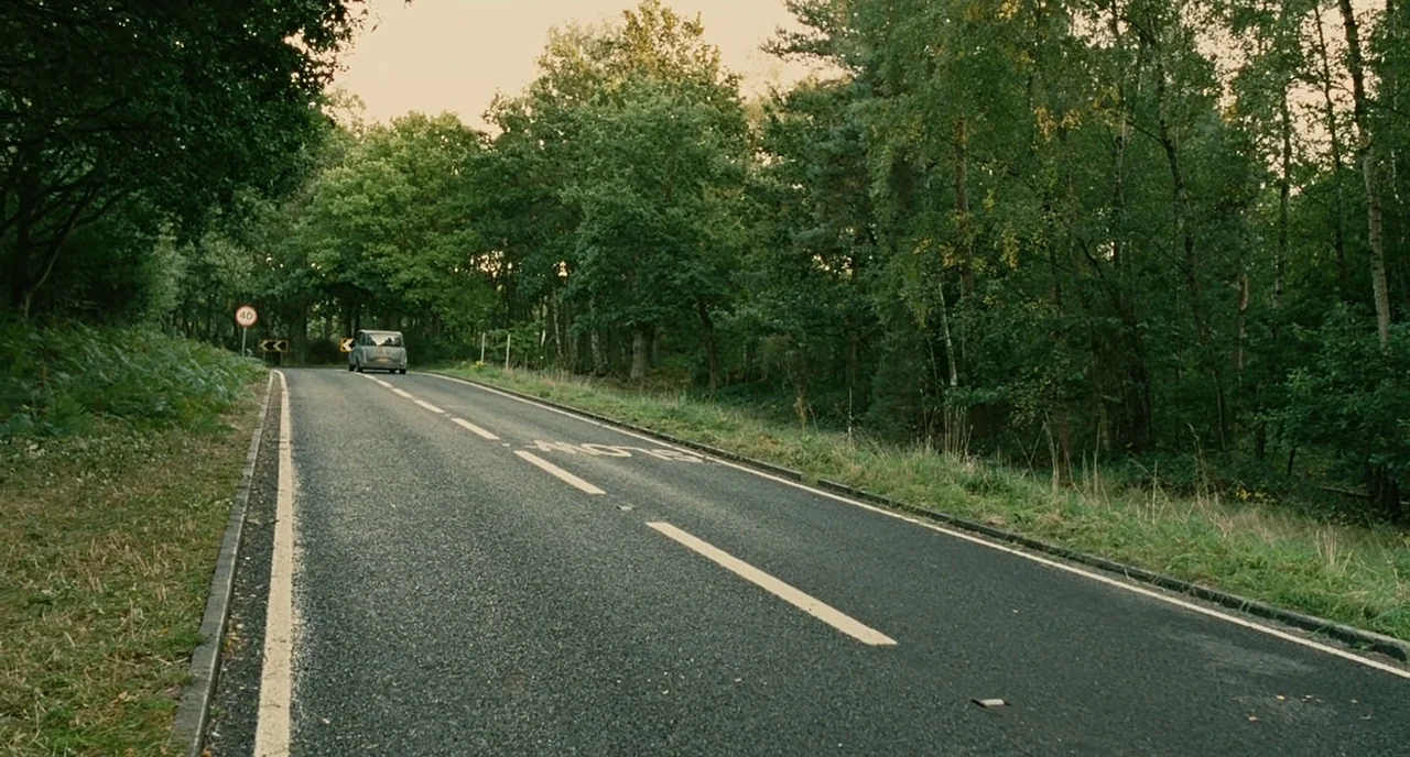 Children Of Men (2006) movie still: wide — A narrow asphalt road winds through a dense canopy of deciduous forest trees. A small grey car travels…