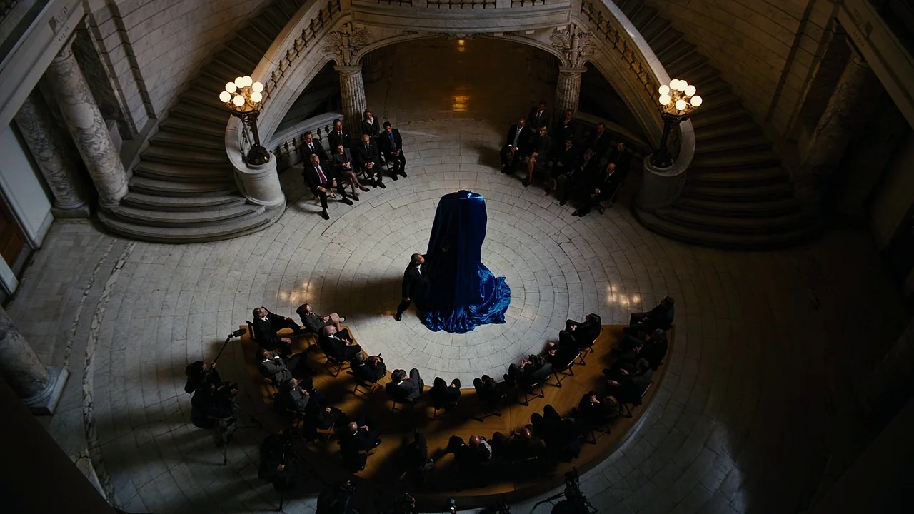 The Dark Knight Rises (2012) movie still: wide — A marble rotunda with grand symmetrical staircases features a group of seated attendees. A man…