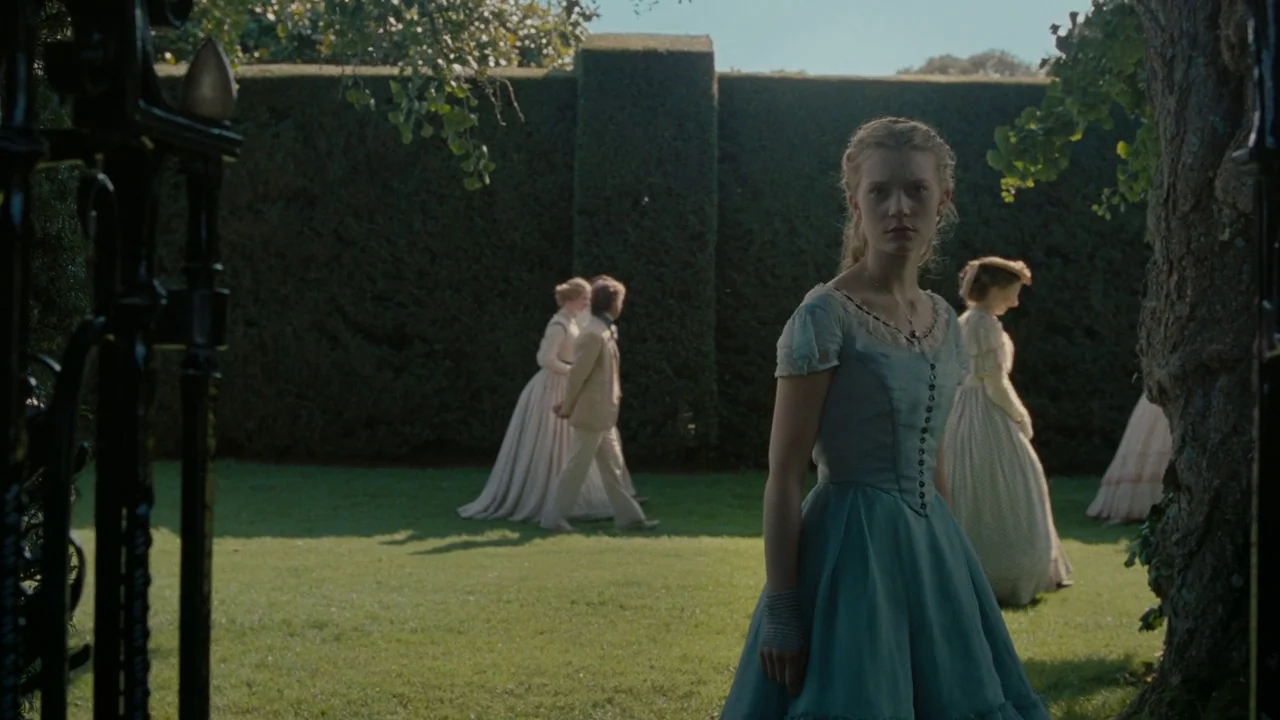 Alice in Wonderland (2010) movie still: medium — A manicured garden enclosed by tall, dense hedges under bright daylight. A young woman stands in…